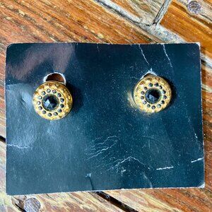 Vintage Tanner Gold Tone Black Rhinestone Clip On Earrings Signed NOS New